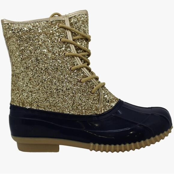 Sugar Gold Glitter and navy Duck Boots Size 7 - Picture 1 of 12